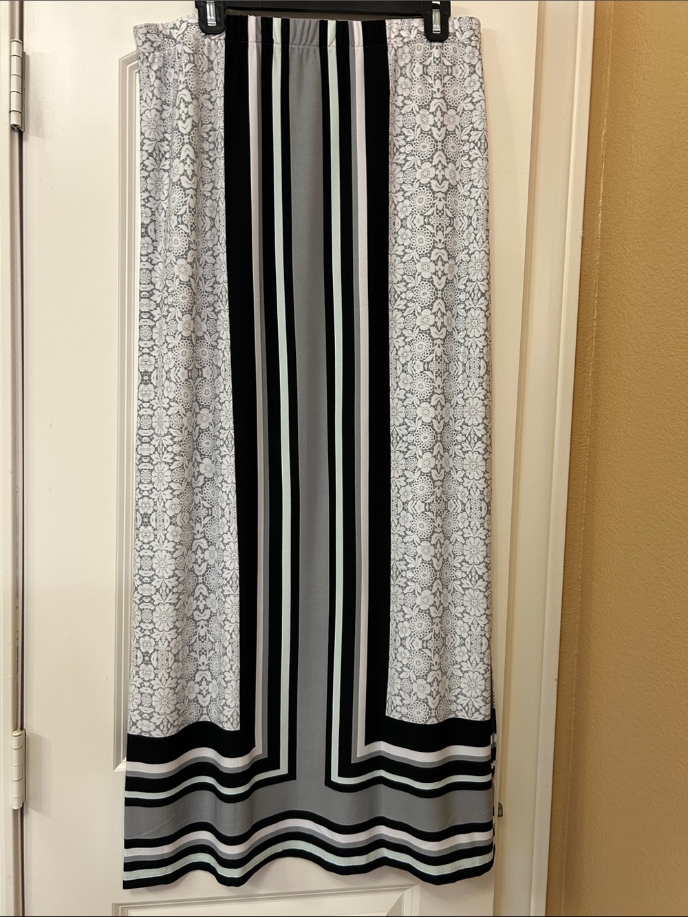 Cato Maxi Skirt in Black, White, Gray with Lace Print and Stripes